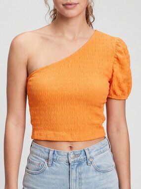 NWOT | Vibrant Orange Textured Smocked One Shoulder Ruffle Crop Top Size Small
